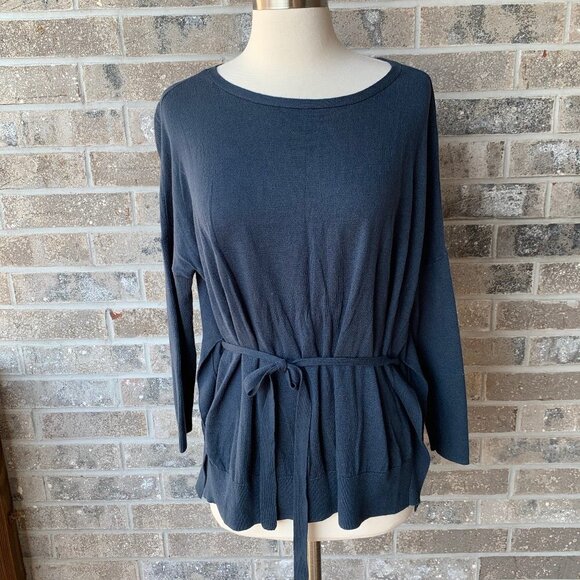 LOFT LOU & GREY Belted Sweater Tie Waist Bow Knit Top Blue Grey XS Long Sleeve - Picture 2 of 8